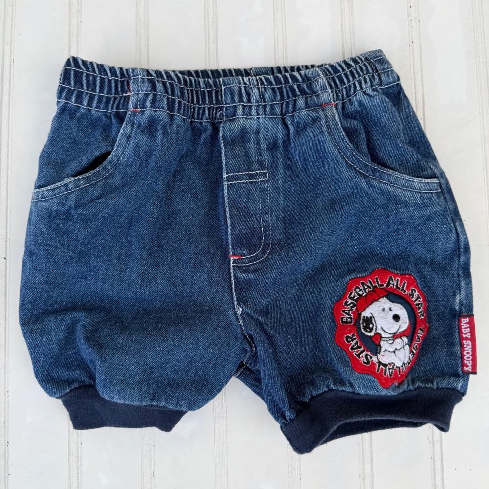 Vintage Baby Snoopy Denim Shorts 24M Peanuts Baseball All Star Blue